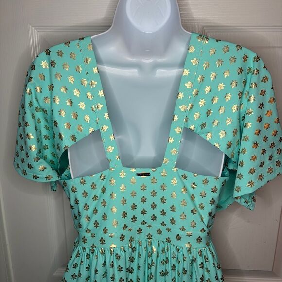 Cabana Life Deep V Flutter Sleeve Maxi Dress Metallic Floral Sea Foam M NWT - Picture 7 of 11